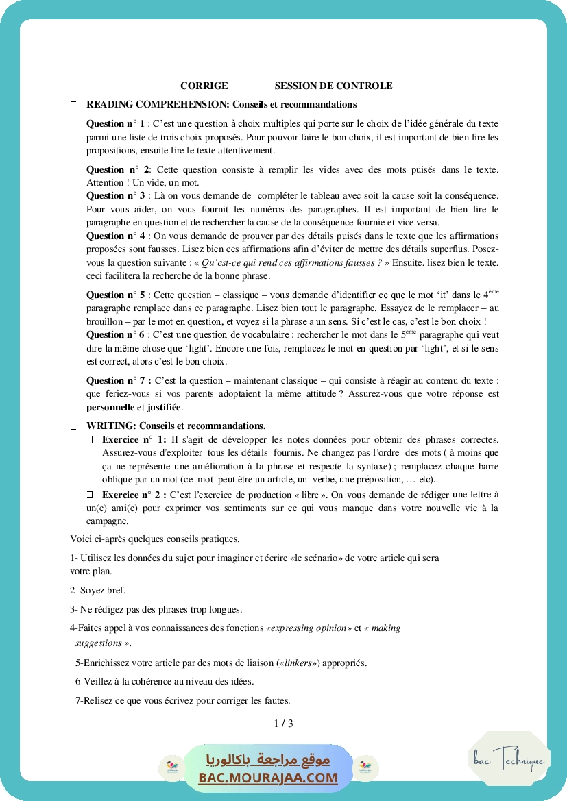 Corrigé controle anglais Bac 2012 – Section technique